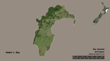 Hawke Körfezi 'nin şekli, Yeni Zelanda bölge konseyi, başkenti sağlam bir arka planda izole edilmiş. Uzaklık ölçeği, bölge önizlemesi ve etiketleri. Uydu görüntüleri. 3B görüntüleme