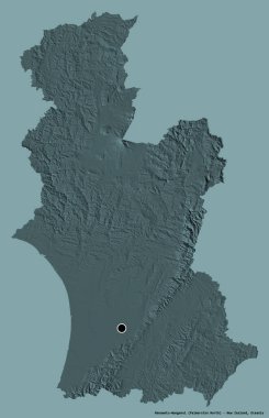 Yeni Zelanda 'nın bölgesel konseyi Manawatu-Wanganui' nin şekli, başkenti katı bir renk arkaplanı ile izole edilmiştir. Renkli yükseklik haritası. 3B görüntüleme