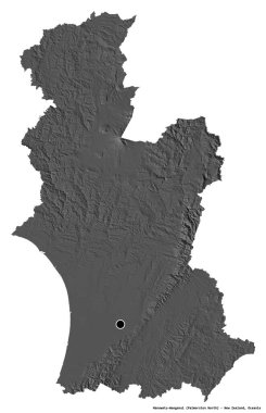 Yeni Zelanda bölgesel konseyi Manawatu-Wanganui 'nin şekli, başkenti beyaz arka planda izole edilmiştir. Çift seviyeli yükseklik haritası. 3B görüntüleme