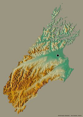 Marlborough 'un şekli, Yeni Zelanda' nın üniter otoritesi, başkenti katı bir renk arka planına izole edilmiş. Topografik yardım haritası. 3B görüntüleme