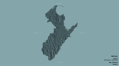 Nelson bölgesi, Yeni Zelanda 'nın üniter otoritesi, jeoreferatlı bir sınır kutusunda sağlam bir arka planda izole edilmiş. Etiketler. Renkli yükseklik haritası. 3B görüntüleme