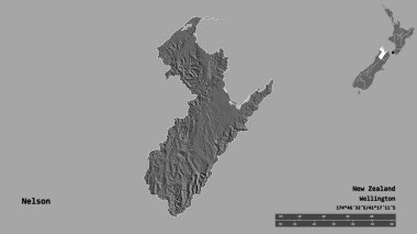 Nelson 'ın şekli, Yeni Zelanda' nın üniter otoritesi, sermayesi sağlam arka planda izole edilmiş. Uzaklık ölçeği, bölge önizlemesi ve etiketleri. Çift seviyeli yükseklik haritası. 3B görüntüleme
