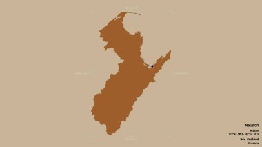 Nelson bölgesi, Yeni Zelanda 'nın üniter otoritesi, jeoreferatlı bir sınır kutusunda sağlam bir arka planda izole edilmiş. Etiketler. Desenli dokuların bileşimi. 3B görüntüleme