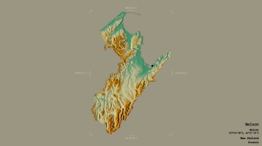 Nelson bölgesi, Yeni Zelanda 'nın üniter otoritesi, jeoreferatlı bir sınır kutusunda sağlam bir arka planda izole edilmiş. Etiketler. Topografik yardım haritası. 3B görüntüleme