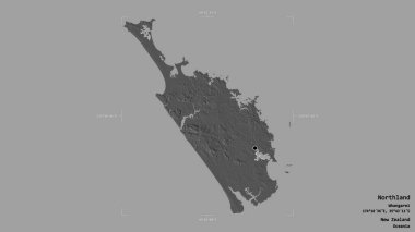 Northland bölgesi, Yeni Zelanda bölge konseyi, katı bir arka planda izole edilmiş bir sınır kutusunda. Etiketler. Çift seviyeli yükseklik haritası. 3B görüntüleme