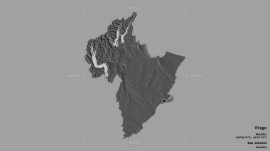 Otago bölgesi, Yeni Zelanda bölge konseyi, jeoreferatlı bir sınır kutusunda sağlam bir arka planda izole edildi. Etiketler. Çift seviyeli yükseklik haritası. 3B görüntüleme