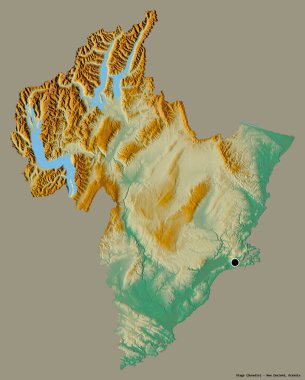 Otago 'nun şekli, Yeni Zelanda' nın bölgesel konseyi, başkenti katı renk arka planında izole edilmiş. Topografik yardım haritası. 3B görüntüleme