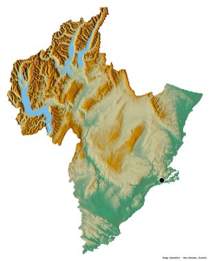 Otago 'nun şekli, Yeni Zelanda bölge konseyi, başkenti beyaz arka planda izole edilmiş. Topografik yardım haritası. 3B görüntüleme