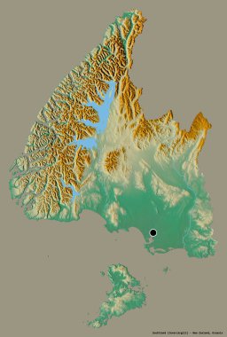 Yeni Zelanda bölgesel konseyi Southland 'ın şekli, başkenti katı bir renk arkaplanı ile izole edilmiştir. Topografik yardım haritası. 3B görüntüleme