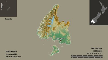 Southland 'ın şekli, Yeni Zelanda' nın bölgesel konseyi ve başkenti. Uzaklık ölçeği, ön gösterimler ve etiketler. Topografik yardım haritası. 3B görüntüleme