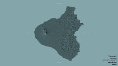 Taranaki bölgesi, Yeni Zelanda bölge konseyi, katı bir arka planda bir sınır kutusunda izole edildi. Etiketler. Renkli yükseklik haritası. 3B görüntüleme