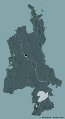 Yeni Zelanda 'nın bölgesel konseyi Waikato' nun şekli, başkenti katı renk arka planında izole edilmiştir. Renkli yükseklik haritası. 3B görüntüleme