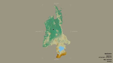 Waikato bölgesi, Yeni Zelanda bölge konseyi, katı bir arka planda izole edilmiş bir sınır kutusunda. Etiketler. Topografik yardım haritası. 3B görüntüleme