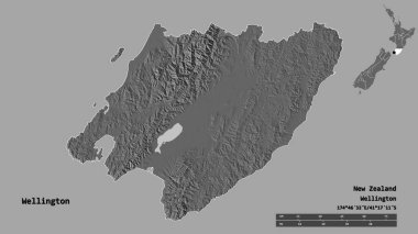Wellington 'ın şekli, Yeni Zelanda' nın bölgesel konseyi, sermayesi sağlam arka planda izole edilmiş. Uzaklık ölçeği, bölge önizlemesi ve etiketleri. Çift seviyeli yükseklik haritası. 3B görüntüleme