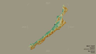 Batı Yakası Bölgesi, Yeni Zelanda bölge konseyi, jeoreferatlı bir sınır kutusunda sağlam bir arka planda izole edilmiş. Etiketler. Topografik yardım haritası. 3B görüntüleme