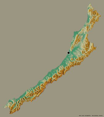 Batı Yakası 'nın şekli, Yeni Zelanda bölge konseyi, başkenti katı renk arka planında izole edilmiş. Topografik yardım haritası. 3B görüntüleme