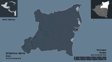 Atlantico Norte 'nin şekli, Nikaragua' nın özerk bölgesi ve başkenti. Uzaklık ölçeği, ön gösterimler ve etiketler. Renkli yükseklik haritası. 3B görüntüleme
