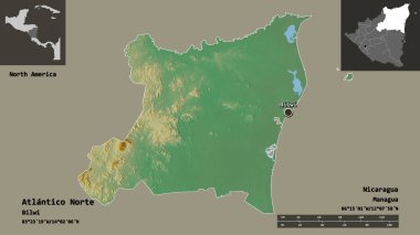 Atlantico Norte 'nin şekli, Nikaragua' nın özerk bölgesi ve başkenti. Uzaklık ölçeği, ön gösterimler ve etiketler. Topografik yardım haritası. 3B görüntüleme