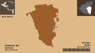 Atlantico Sur 'un şekli, Nikaragua özerk bölgesi ve başkenti. Uzaklık ölçeği, ön gösterimler ve etiketler. Düzenli desenli dokuların bileşimi. 3B görüntüleme