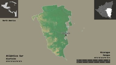 Atlantico Sur 'un şekli, Nikaragua özerk bölgesi ve başkenti. Uzaklık ölçeği, ön gösterimler ve etiketler. Topografik yardım haritası. 3B görüntüleme