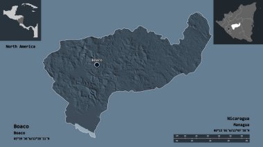 Boaco 'nun şekli, Nikaragua Bölümü ve başkenti. Uzaklık ölçeği, ön gösterimler ve etiketler. Renkli yükseklik haritası. 3B görüntüleme