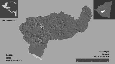 Boaco 'nun şekli, Nikaragua Bölümü ve başkenti. Uzaklık ölçeği, ön gösterimler ve etiketler. Çift seviyeli yükseklik haritası. 3B görüntüleme