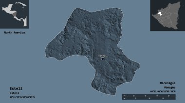 Esteli 'nin şekli, Nikaragua Bölümü ve başkenti. Uzaklık ölçeği, ön gösterimler ve etiketler. Renkli yükseklik haritası. 3B görüntüleme