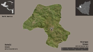 Esteli 'nin şekli, Nikaragua Bölümü ve başkenti. Uzaklık ölçeği, ön gösterimler ve etiketler. Uydu görüntüleri. 3B görüntüleme