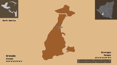 Granada 'nın şekli, Nikaragua Bölümü ve başkenti. Uzaklık ölçeği, ön gösterimler ve etiketler. Düzenli desenli dokuların bileşimi. 3B görüntüleme