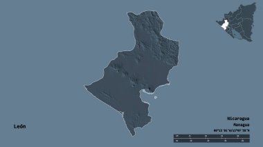 Leon 'un şekli, Nikaragua departmanı, sermayesi sağlam arka planda izole edilmiş. Uzaklık ölçeği, bölge önizlemesi ve etiketleri. Renkli yükseklik haritası. 3B görüntüleme