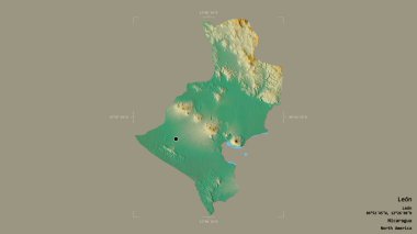 Leon Bölgesi, Nikaragua Departmanı, sağlam bir arka planda izole edilmiş bir sınır kutusunda. Etiketler. Topografik yardım haritası. 3B görüntüleme