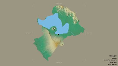 Managua Bölgesi, Nikaragua Departmanı, jeoreferatlı bir sınır kutusunda sağlam bir arka planda izole edilmiş. Etiketler. Topografik yardım haritası. 3B görüntüleme