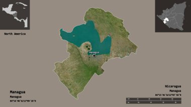 Managua 'nın şekli, Nikaragua Bölümü ve başkenti. Uzaklık ölçeği, ön gösterimler ve etiketler. Uydu görüntüleri. 3B görüntüleme