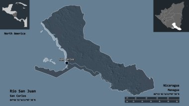 Rio San Juan 'ın şekli, Nikaragua Bölümü ve başkenti. Uzaklık ölçeği, ön gösterimler ve etiketler. Renkli yükseklik haritası. 3B görüntüleme