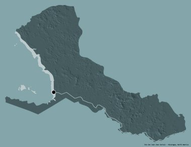 Rio San Juan 'ın şekli, Nikaragua departmanı, başkenti katı renk arka planına izole edilmiş. Renkli yükseklik haritası. 3B görüntüleme
