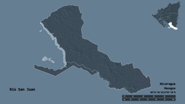Rio San Juan 'ın şekli, Nikaragua Bölümü, sermayesi sağlam arka planda izole edilmiş. Uzaklık ölçeği, bölge önizlemesi ve etiketleri. Renkli yükseklik haritası. 3B görüntüleme