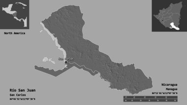 Rio San Juan 'ın şekli, Nikaragua Bölümü ve başkenti. Uzaklık ölçeği, ön gösterimler ve etiketler. Çift seviyeli yükseklik haritası. 3B görüntüleme