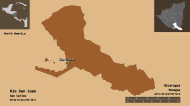 Rio San Juan 'ın şekli, Nikaragua Bölümü ve başkenti. Uzaklık ölçeği, ön gösterimler ve etiketler. Düzenli desenli dokuların bileşimi. 3B görüntüleme