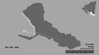 Rio San Juan 'ın şekli, Nikaragua Bölümü, sermayesi sağlam arka planda izole edilmiş. Uzaklık ölçeği, bölge önizlemesi ve etiketleri. Çift seviyeli yükseklik haritası. 3B görüntüleme