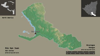 Rio San Juan 'ın şekli, Nikaragua Bölümü ve başkenti. Uzaklık ölçeği, ön gösterimler ve etiketler. Topografik yardım haritası. 3B görüntüleme