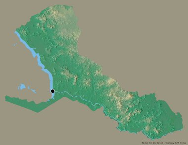 Rio San Juan 'ın şekli, Nikaragua departmanı, başkenti katı renk arka planına izole edilmiş. Topografik yardım haritası. 3B görüntüleme
