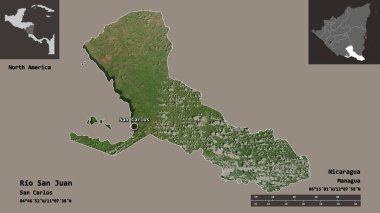 Rio San Juan 'ın şekli, Nikaragua Bölümü ve başkenti. Uzaklık ölçeği, ön gösterimler ve etiketler. Uydu görüntüleri. 3B görüntüleme