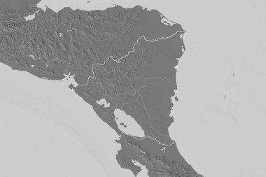 Ülke sınırları, uluslararası ve bölgesel sınırları olan Nikaragua 'nın genişletilmiş bölgesi. Çift seviyeli yükseklik haritası. 3B görüntüleme