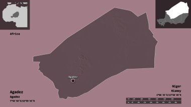 Agadez 'in şekli, Nijer Bölümü ve başkenti. Uzaklık ölçeği, ön gösterimler ve etiketler. Renkli yükseklik haritası. 3B görüntüleme