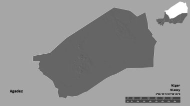 Agadez 'in şekli, Nijer Bölümü, sermayesi sağlam arka planda izole edilmiş. Uzaklık ölçeği, bölge önizlemesi ve etiketleri. Çift seviyeli yükseklik haritası. 3B görüntüleme