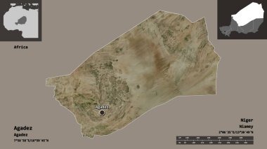 Agadez 'in şekli, Nijer Bölümü ve başkenti. Uzaklık ölçeği, ön gösterimler ve etiketler. Uydu görüntüleri. 3B görüntüleme