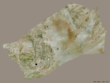 Agadez 'in şekli, Nijer Bölümü, sermayesi koyu renk arka planda izole edilmiş. Uydu görüntüleri. 3B görüntüleme