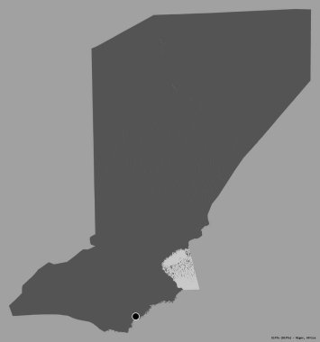 Diffa 'nın şekli, Nijer Bölümü, sermayesi katı renk arka planında izole edilmiş. Çift seviyeli yükseklik haritası. 3B görüntüleme