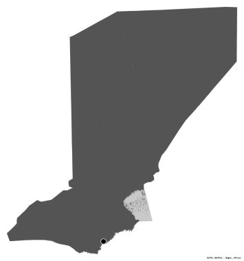 Diffa 'nın şekli, Nijer Bölümü, başkenti beyaz arka planda izole edilmiş. Çift seviyeli yükseklik haritası. 3B görüntüleme