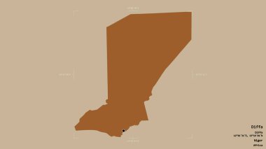 Diffa Bölgesi, Nijer Bölgesi, sağlam bir arka planda izole edilmiş bir sınır kutusunda. Etiketler. Desenli dokuların bileşimi. 3B görüntüleme